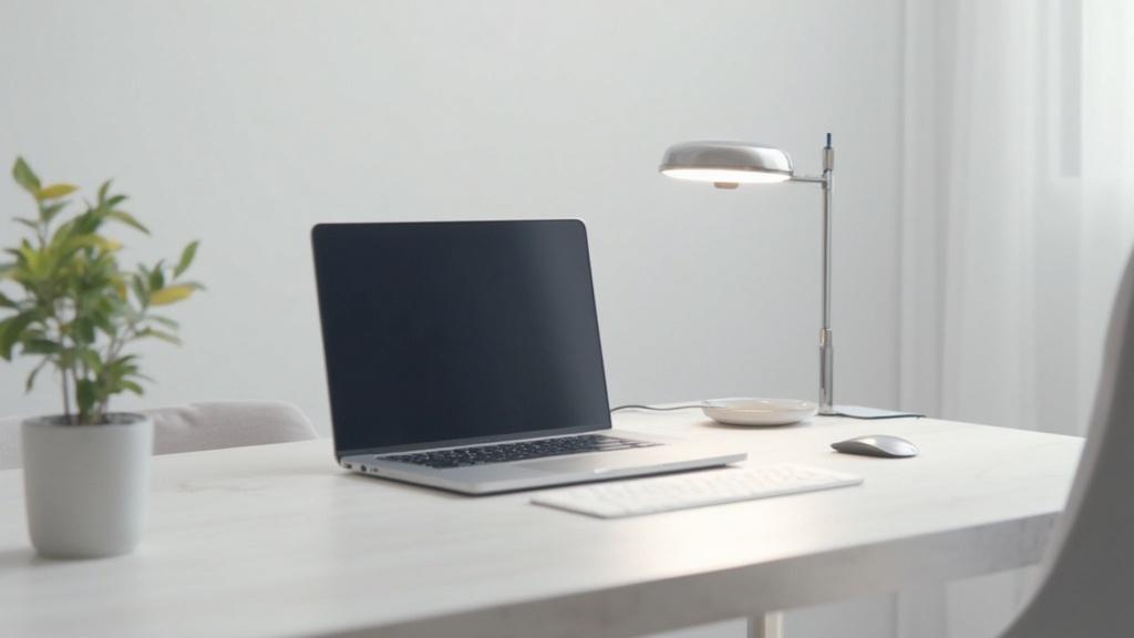 Espace de travail moderne avec ordinateur portable, lampe et plante verte