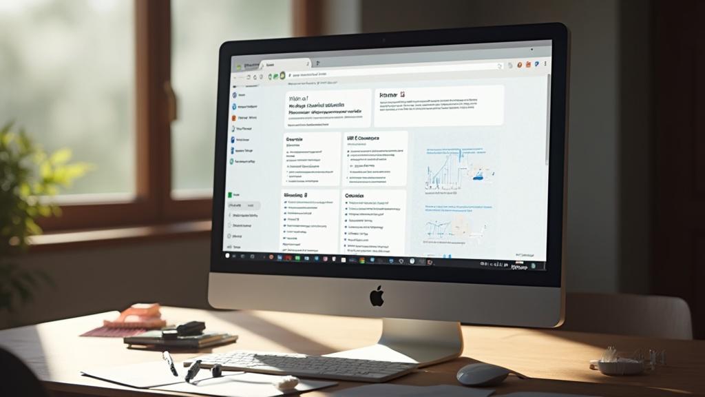 Espace de travail avec ordinateur Apple, souris et clavier sur bureau en bois.