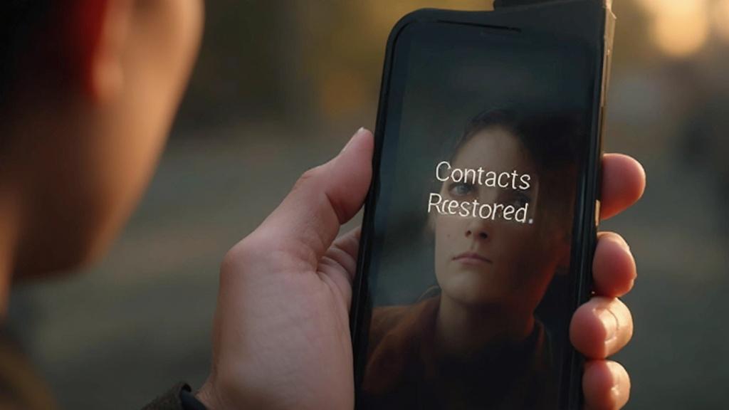 Image d'un écran de téléphone affichant le message 'Contacts Restored'