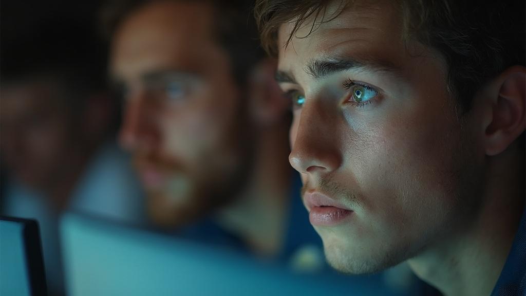 Gros plan d'un jeune homme concentré sur un écran lumineux