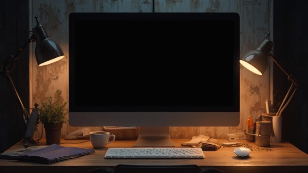 Bureau de travail sombre et cozy avec écran d'ordinateur, clavier et tasse de café.