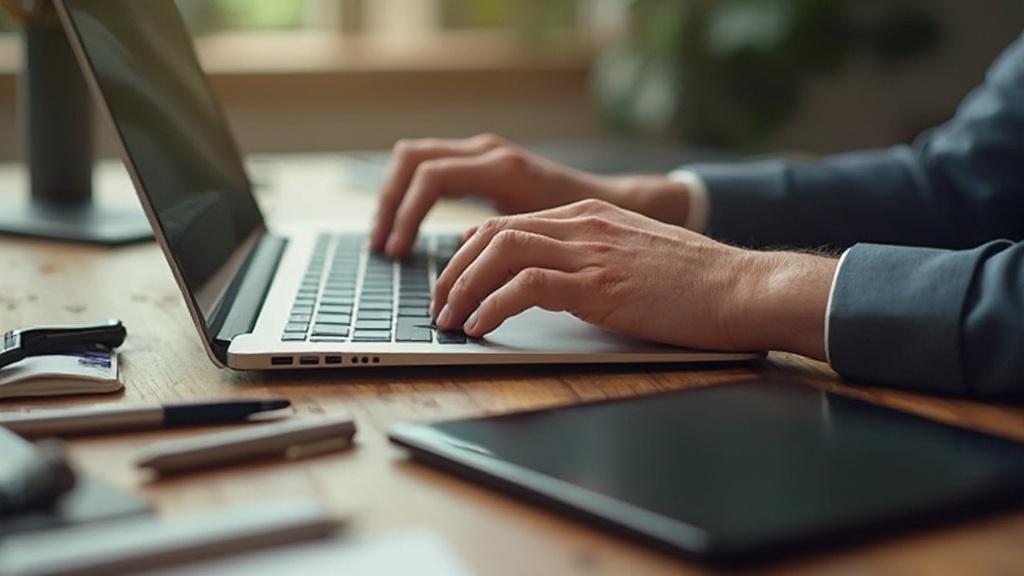 Gros plan des mains d'un homme travaillant sur un ordinateur portable dans un bureau