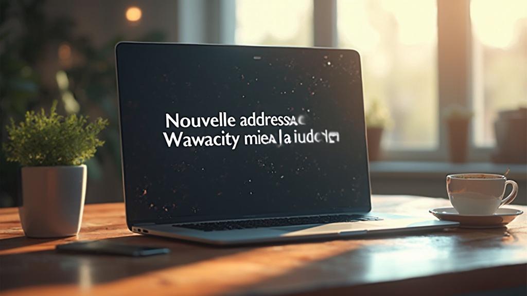 Ordinateur portable avec écran affichant 'Nouvelle adresse Wawacity'