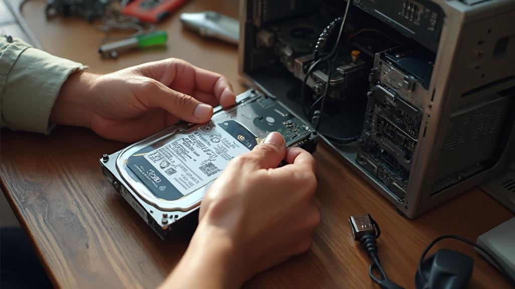 Mains installant un disque dur dans un ordinateur ouvert