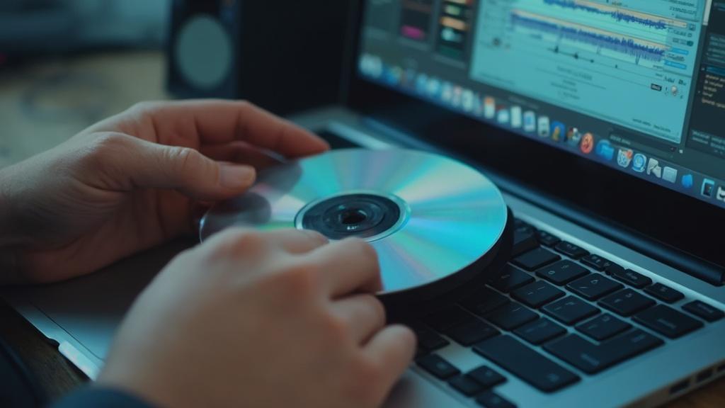 Gros plan des mains manipulant un disque compact sur un ordinateur portable.