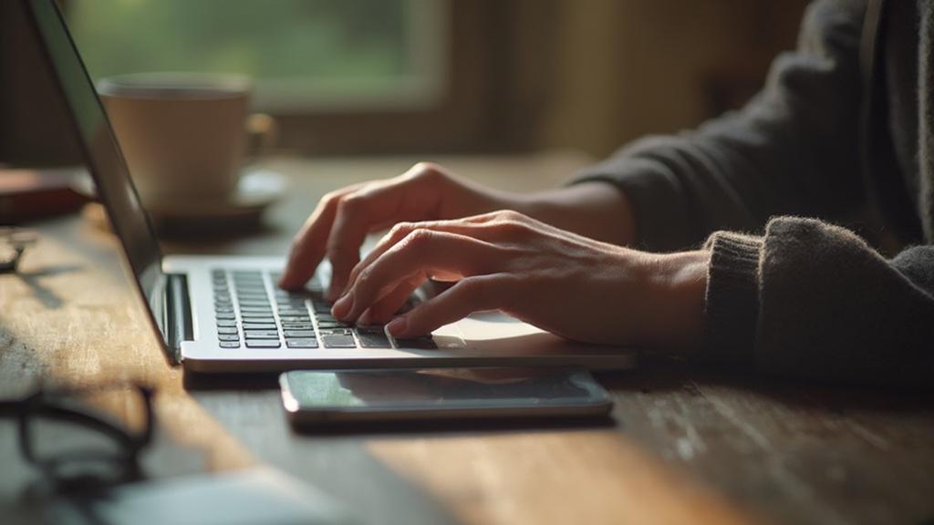 Mains d'une personne tapant sur un ordinateur portable dans un endroit sombre