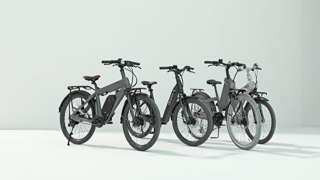 Groupe de vélos électriques gris et noirs sur fond clair