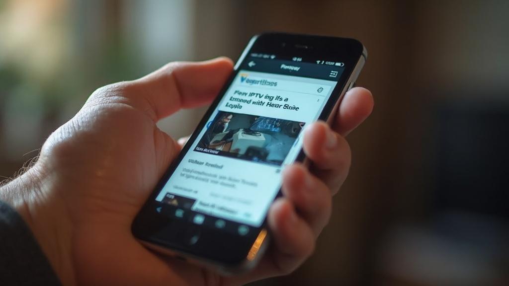 Une personne tenant un smartphone et lisant un article en ligne.