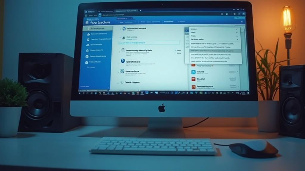 Bureau de travail avec ordinateur Apple, clavier et souris, haut-parleurs et lampe.