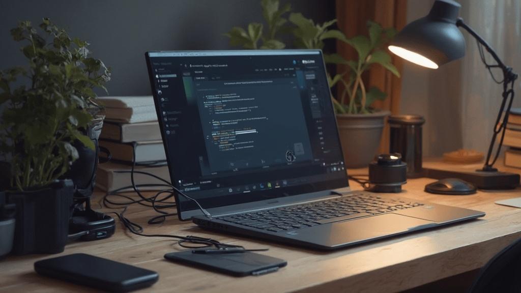 Espace de travail avec ordinateur portable, lampe, et accessoires technologiques.