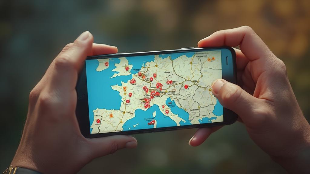 Une personne tenant un téléphone portable avec une carte interactive de l'Europe