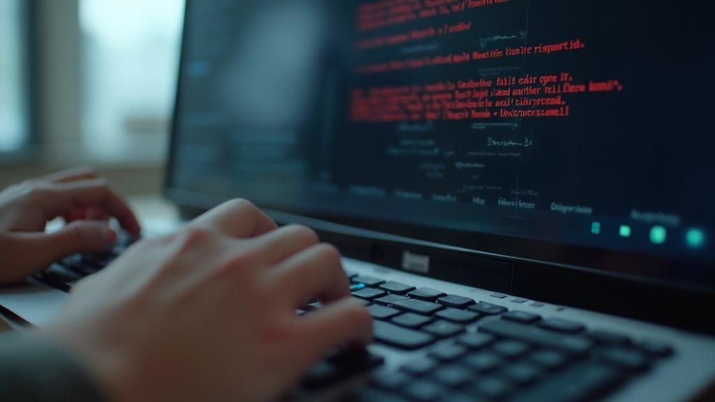 Mains tapant sur un clavier d'ordinateur, écran d'ordinateur affichant du code informatique.