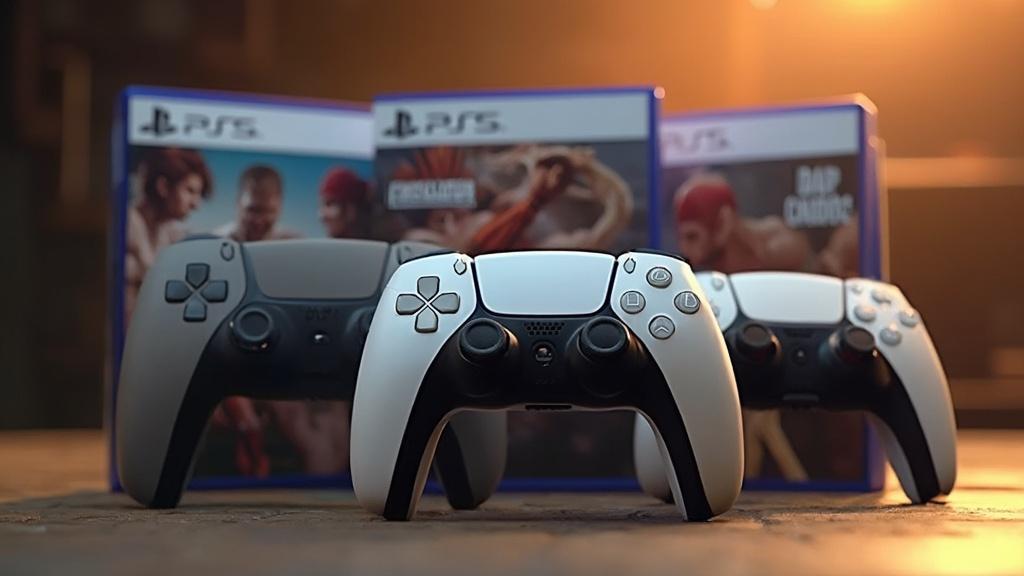 Trois manettes de jeux de différentes couleurs et quatre jeux PS5 en arrière-plan