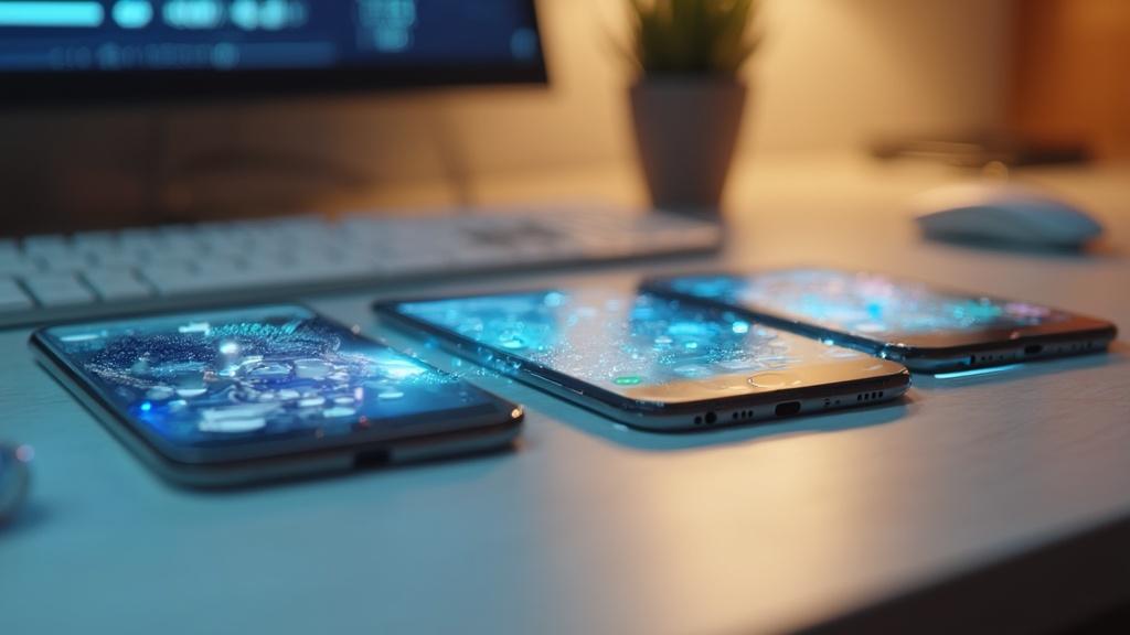 Plusieurs smartphones modernes sur un bureau, avec des écrans qui semblent être immergés dans l'eau.
