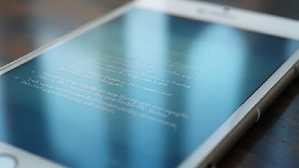 Gros plan sur l'écran bleu d'une tablette numérique affichant du texte
