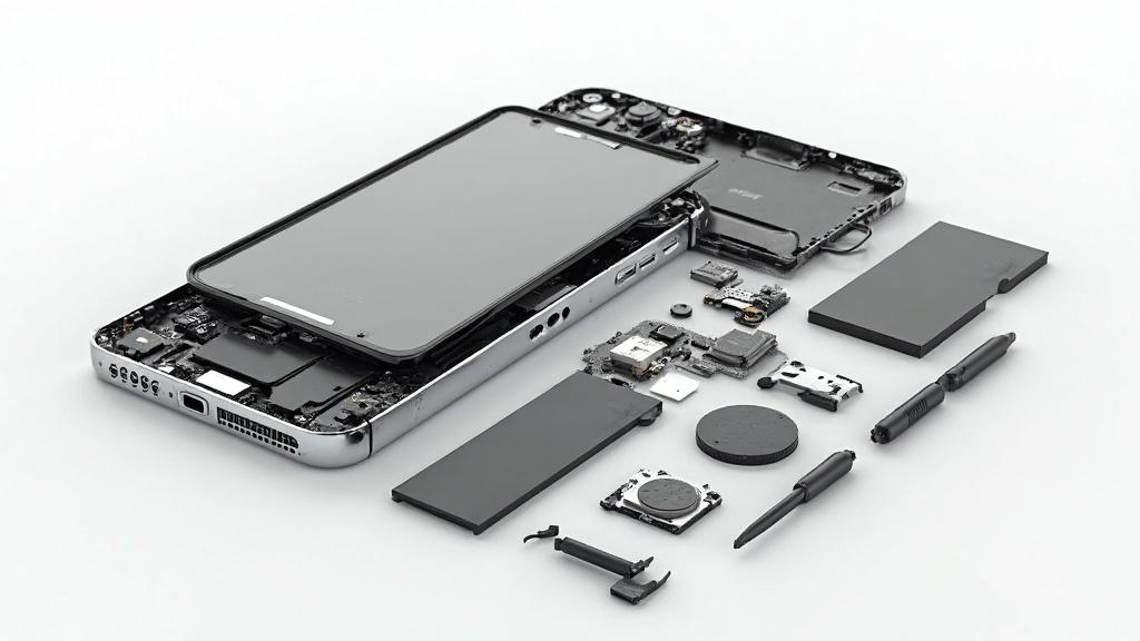Image montrant les différentes pièces démontées d'un smartphone.