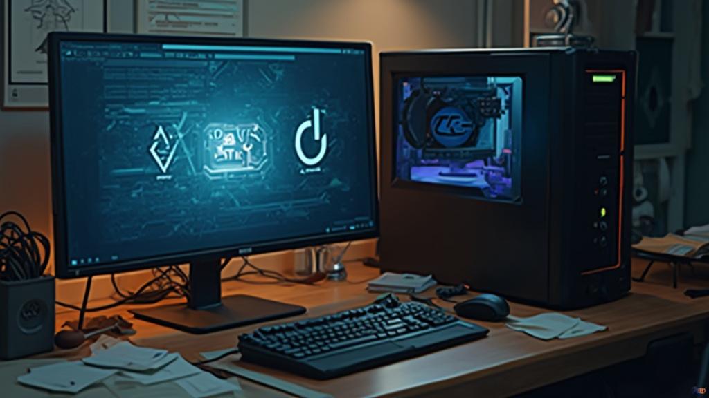 Espace de travail informatique avec écrans d'ordinateurs et câbles organisés