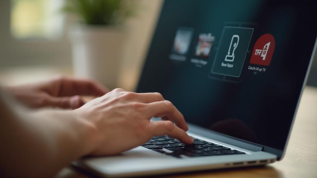 Mains sur le clavier d'un ordinateur portable affichant des icônes.