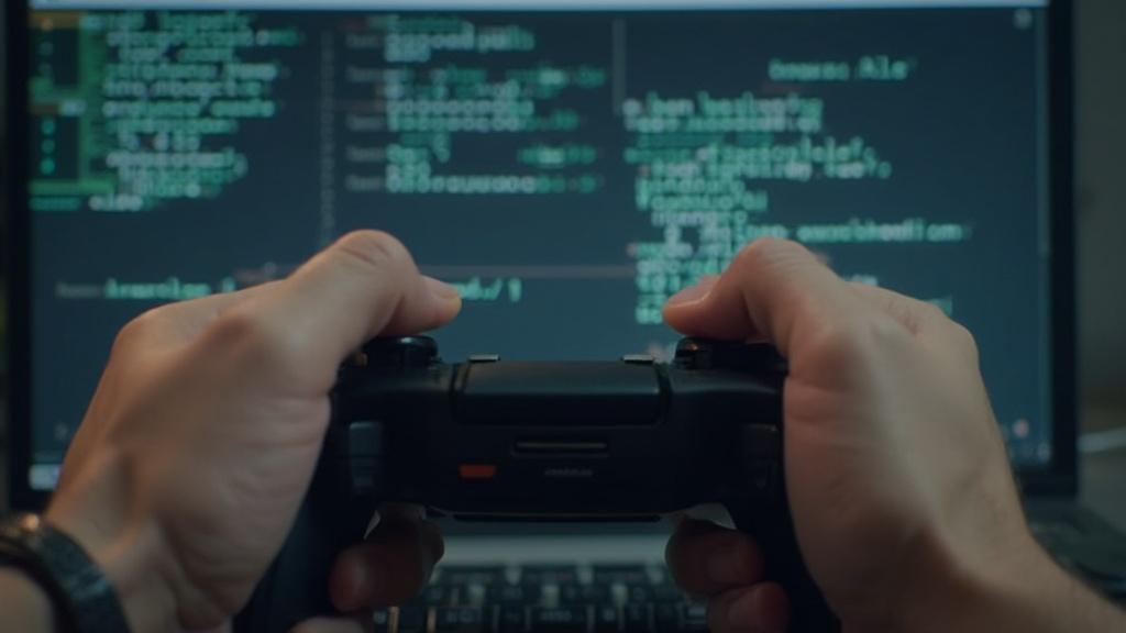 Mains tenant une manette de jeu devant un écran affichant du code informatique