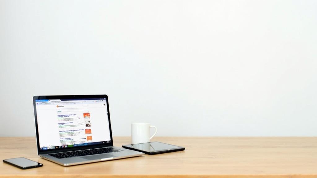 Ordinateur portable, tablette et tasse sur un bureau en bois clair