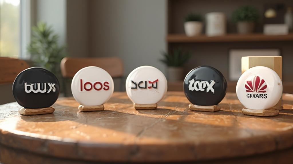 Cinq socles circulaires affichent les logotypes de diverses entreprises technologiques.