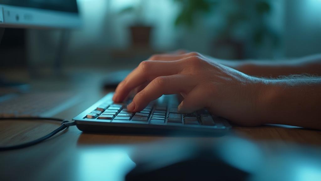 Gros plan de mains tapant sur le clavier d'un ordinateur sur fond flou bleuté