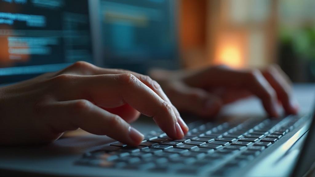 Gros plan de mains tapant sur un clavier d'ordinateur dans un environnement sombre