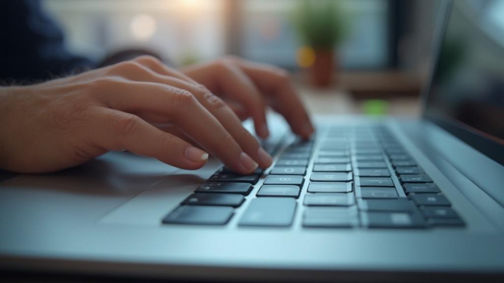 Gros plan de mains tapant sur un clavier d'ordinateur portable