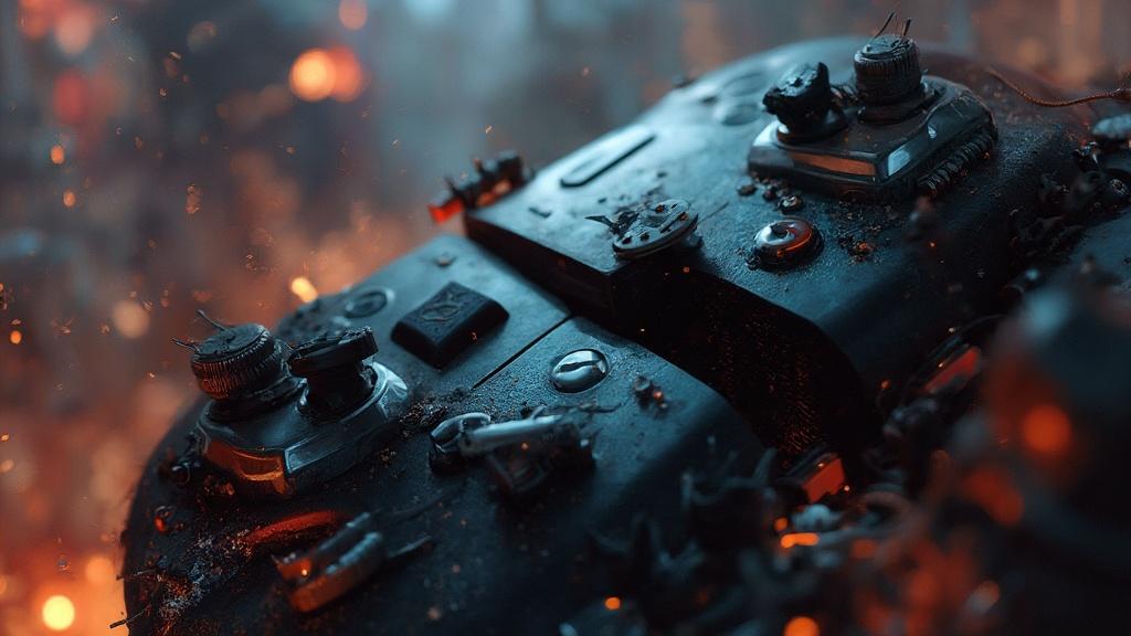 Manette de jeu noire et orange couverte de dommages et d'étincelles