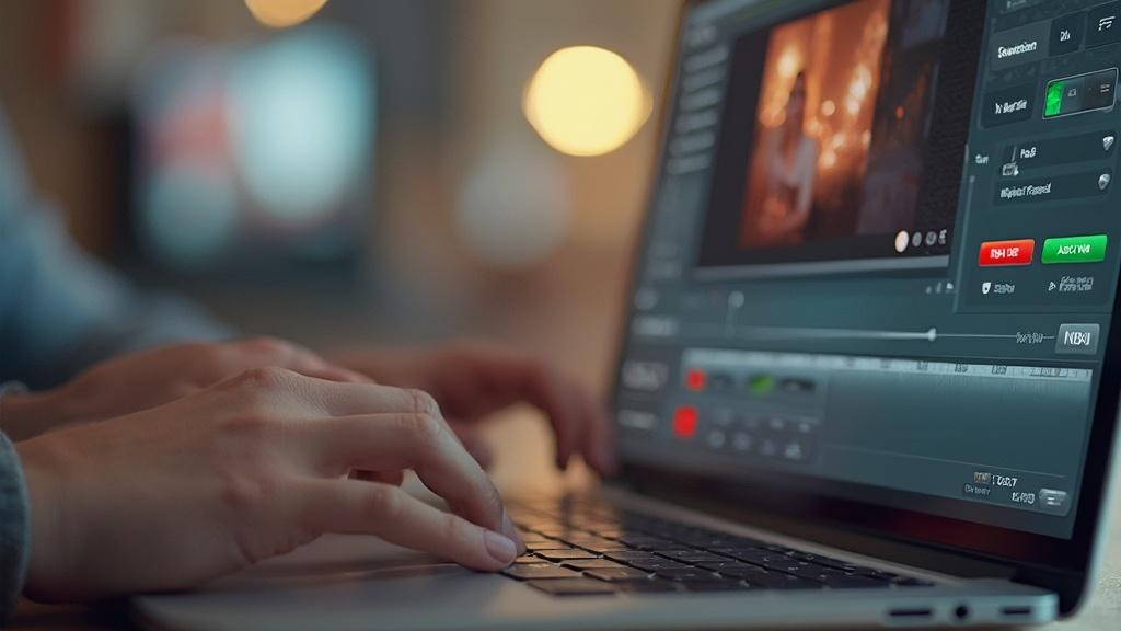 Image d'un montage vidéo numérique sur un ordinateur portable dans une pièce sombre