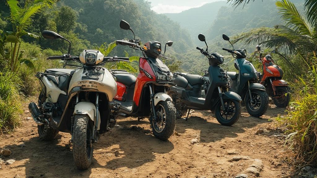 Plusieurs motos tout-terrain garées sur un chemin de terre dans une jungle luxuriante