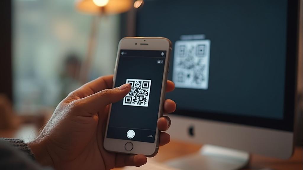 Une main tenant un smartphone montrant un QR Code à scanner