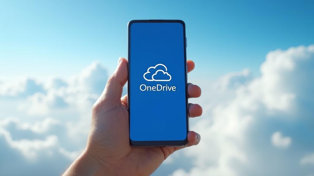 Main tenant un smartphone avec l'application OneDrive affichée sur l'écran