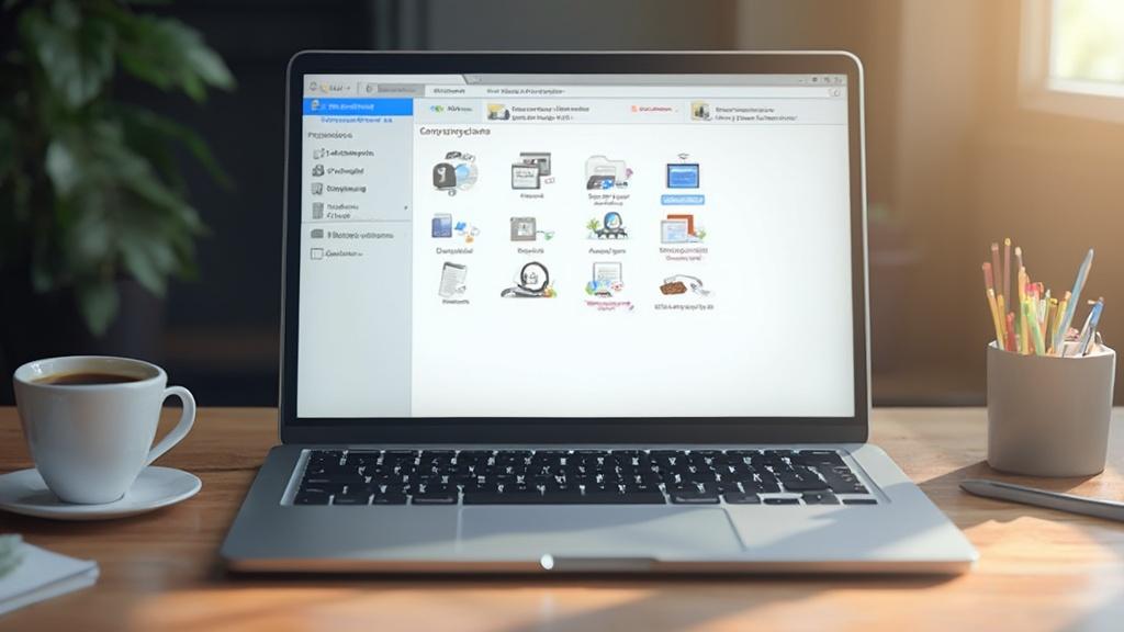Image d'un ordinateur portable avec un bureau virtuel Microsoft affichant différentes icônes d'application.