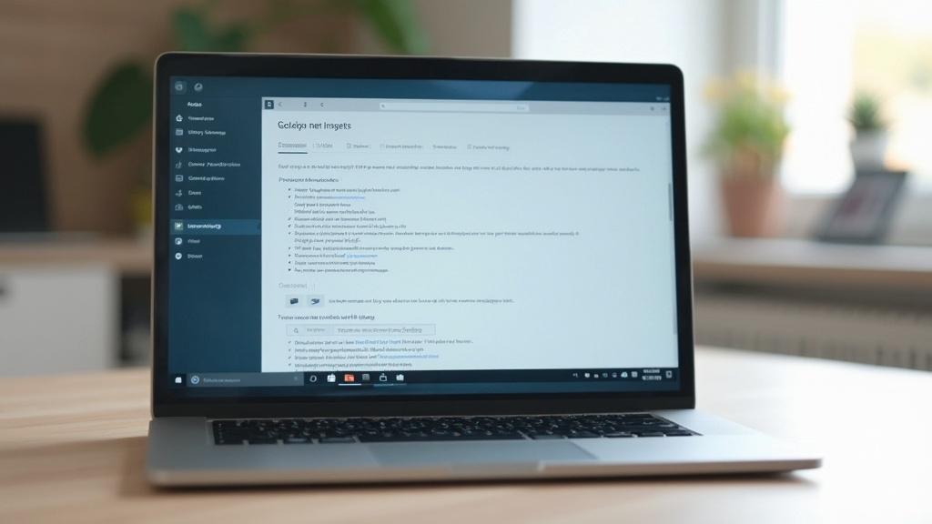 Ordinateur portable avec un texte affiché sur l'écran, placé sur une table en bois