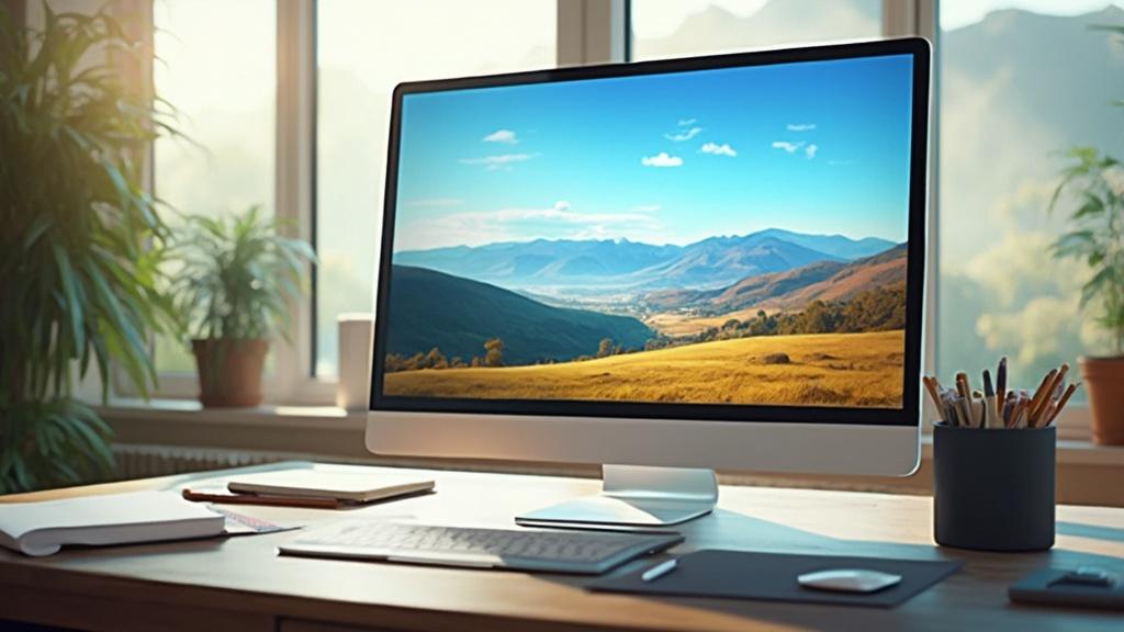 Image d'un écran d'ordinateur affichant un paysage de montagnes et de prairies dorées