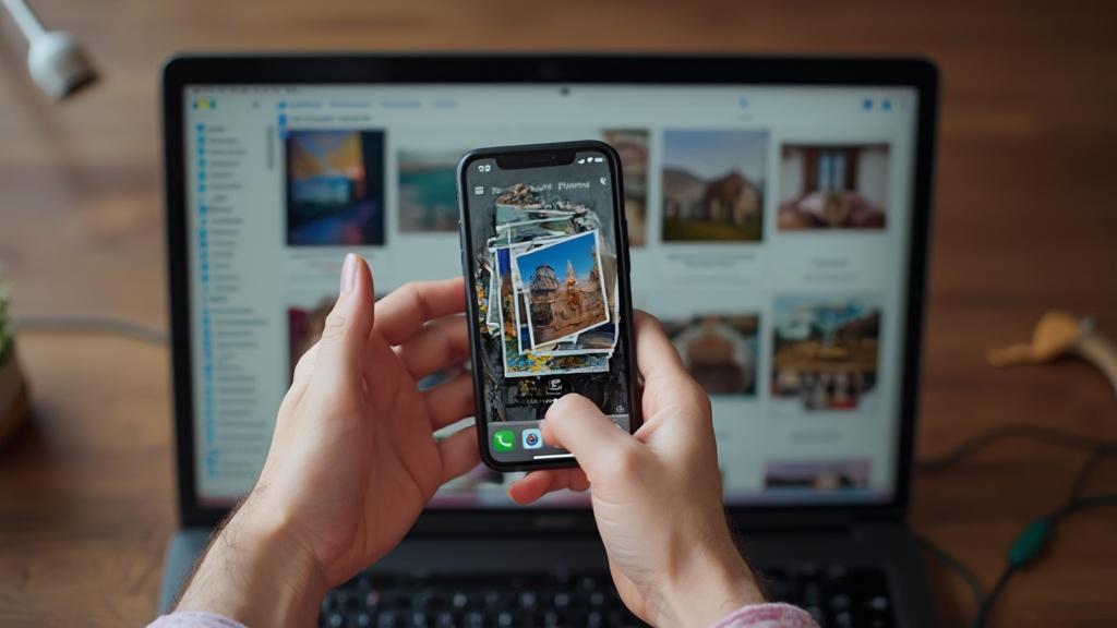 Une personne prend une photo sur son téléphone, devant un ordinateur portable