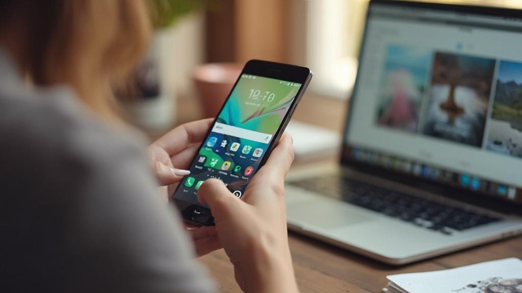 Une personne tenant un smartphone à côté d'un ordinateur portable