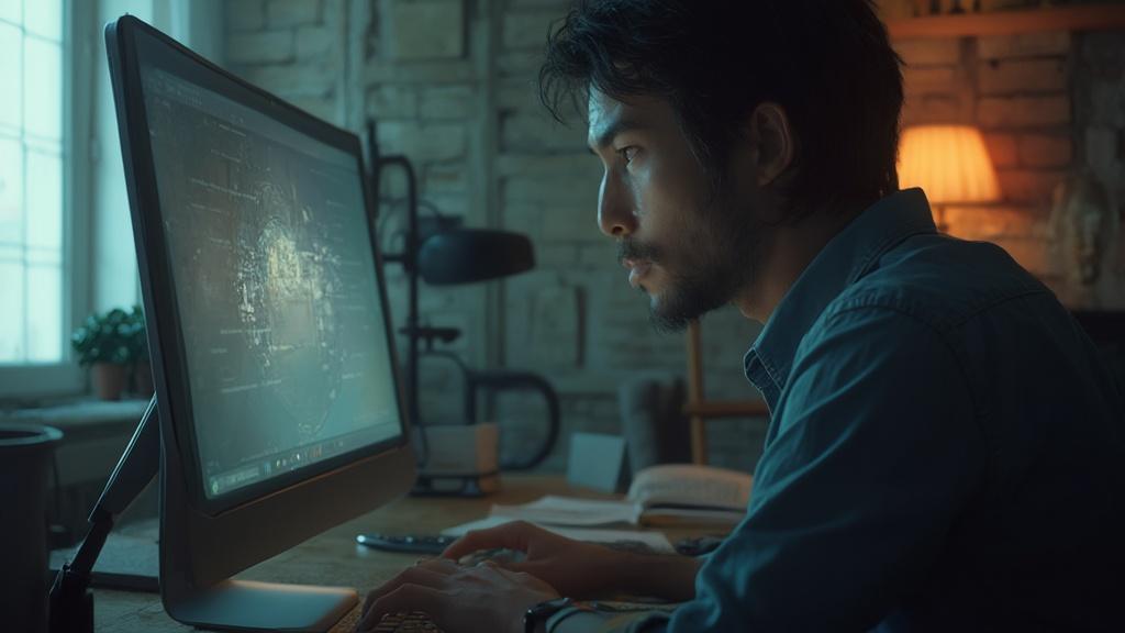 Un homme travaille tard le soir sur son ordinateur dans un bureau sombre.