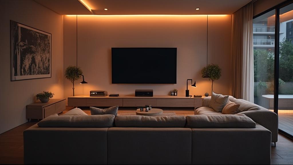 Pièce sombre avec éclairage doux, meuble TV, canapé et plantes décoratives.
