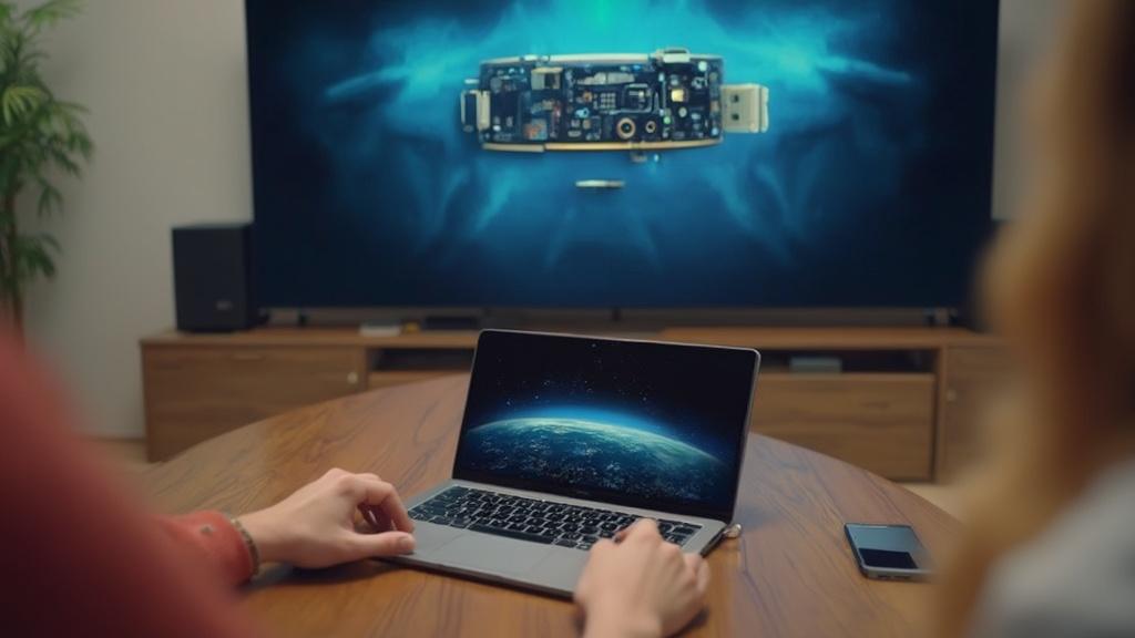 Image montrant un ordinateur portable affichant une planète Terre, devant un écran de télévision projetant un circuit électronique flottant.