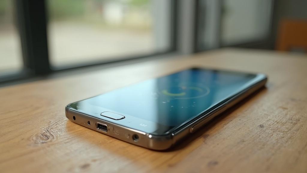 Gros plan sur un smartphone moderne posé sur une table en bois