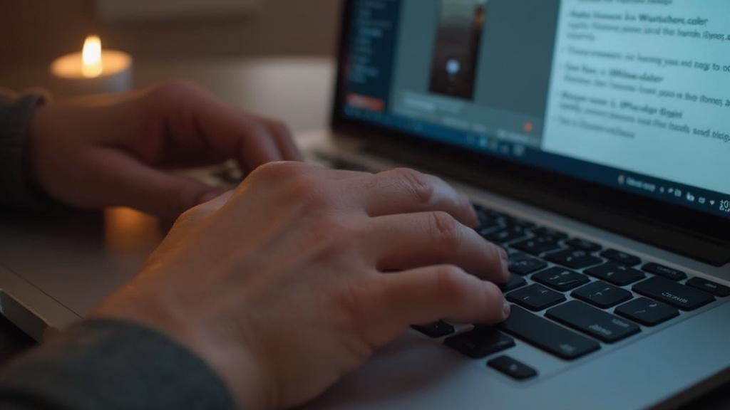 Mains tapant sur un clavier d'ordinateur portable dans un environnement sombre et calme