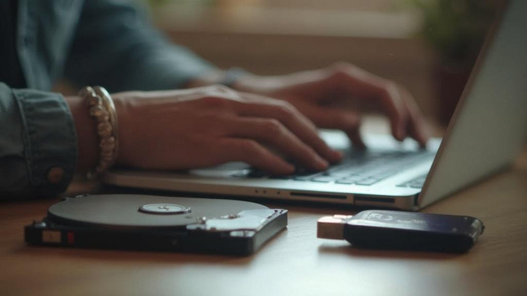 Mains sur le clavier d'un ordinateur portable, avec un disque dur externe à côté