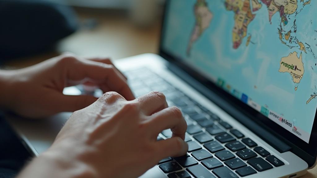 Mains sur un clavier d'ordinateur, devant un écran affichant une carte du monde.